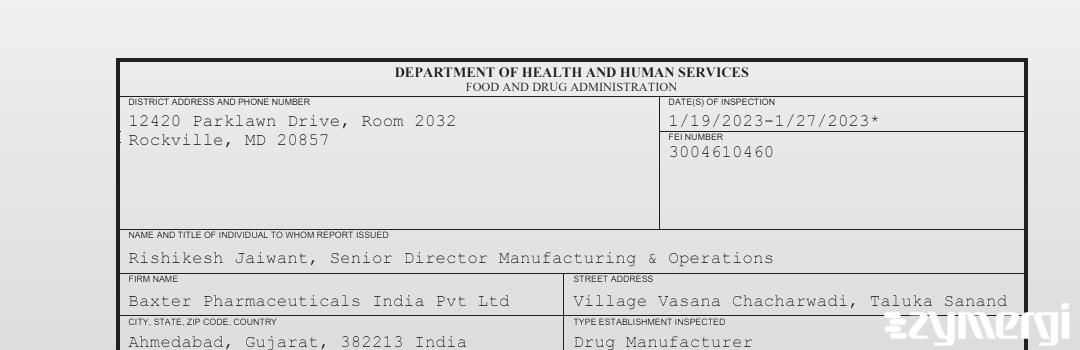 FDANews 483 Baxter Pharmaceuticals India Pvt Ltd Jan 27 2023 top