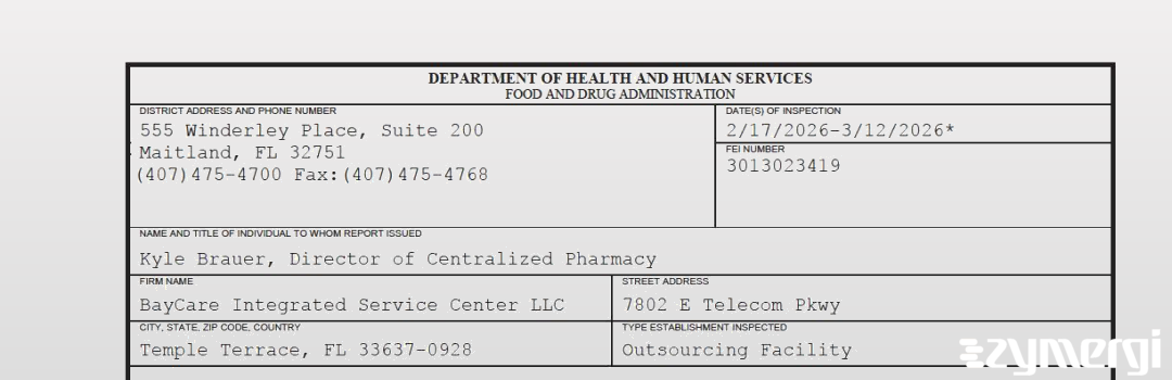 FDANews 483 BayCare Integrated Service Center, LLC /dba BayCare Central Pharmacy Mar 12 2026 top
