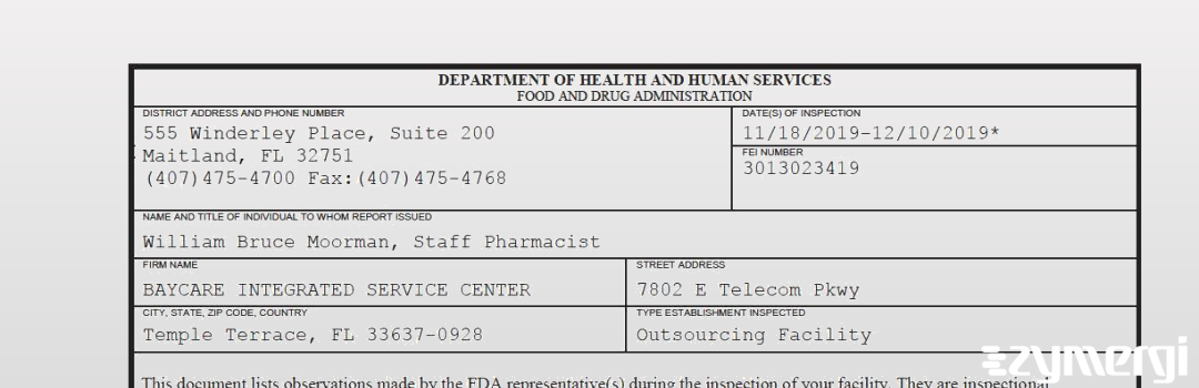 FDANews 483 BAYCARE INTEGRATED SERVICE CENTER Dec 10 2019 top