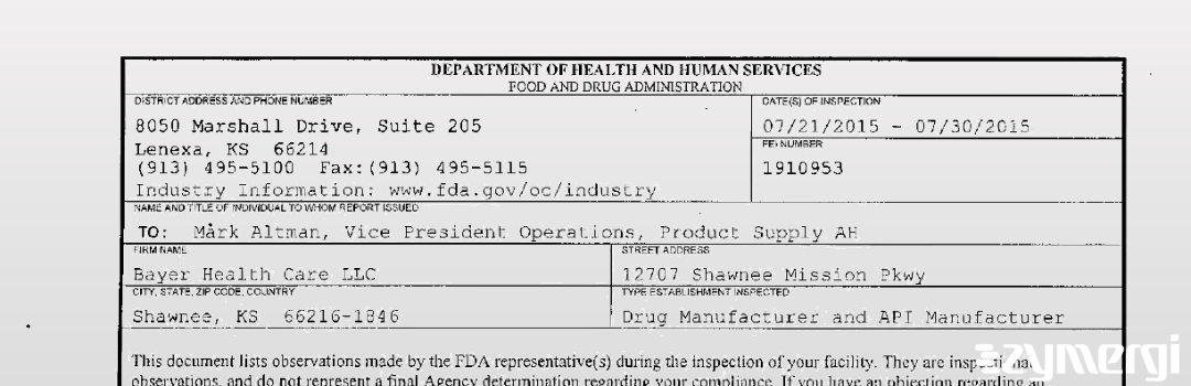 FDANews 483 Bayer Health Care LLC Jul 30 2015 top