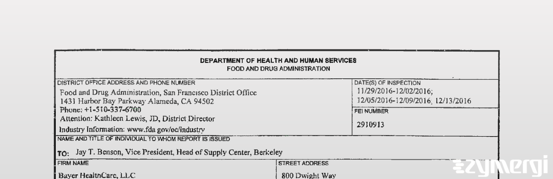 FDANews 483 Bayer Healthcare, LLC Dec 13 2016 top