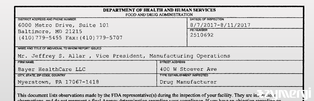 FDANews 483 Bayer Healthcare, LLC Aug 11 2017 top