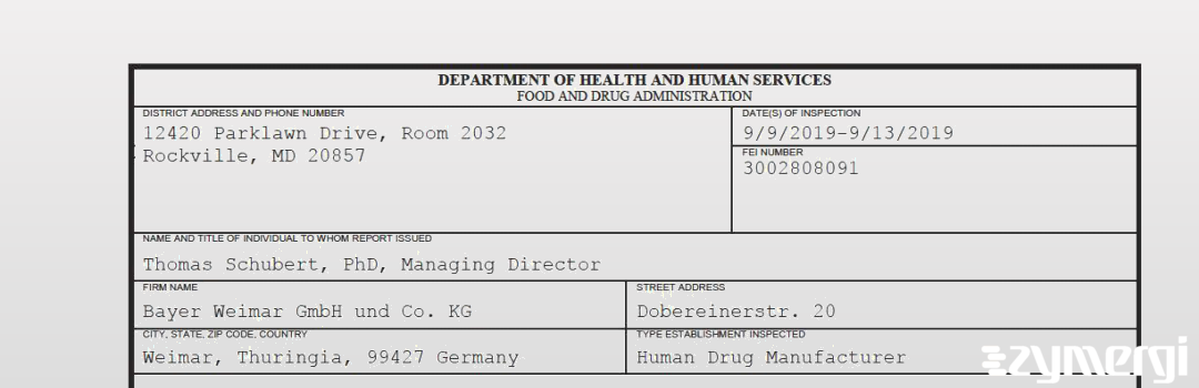 FDANews 483 Bayer Weimar GmbH und Co. KG Sep 13 2019 top