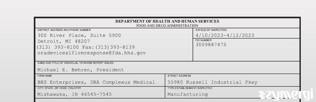 FDANews 483 BBS Enterprises, DBA Complexus Medical Apr 12 2023 top