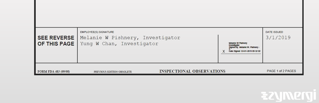 Melanie W. Pishnery FDA Investigator Yung W. Chan FDA Investigator 