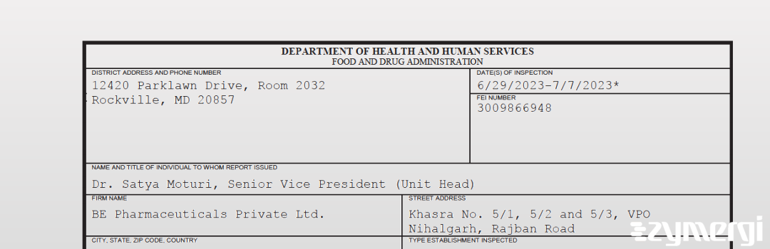 FDANews 483 BE Pharmaceuticals Private Ltd. Jul 7 2023 top