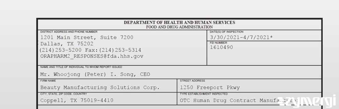 FDANews 483 Beauty Manufacturing Solutions Corp. Apr 7 2021 top