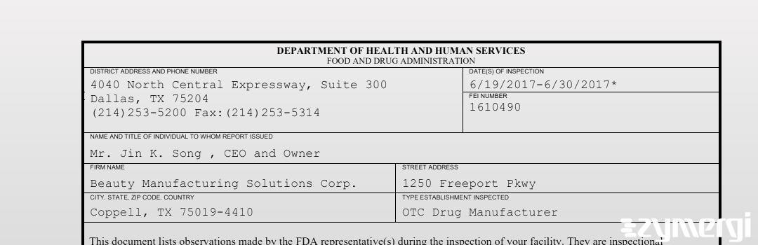 FDANews 483 Beauty Manufacturing Solutions Corp. Jun 30 2017 top