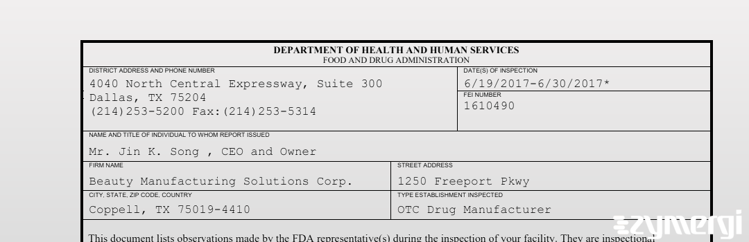 FDANews 483 Beauty Manufacturing Solutions Corp. Jun 30 2017 top
