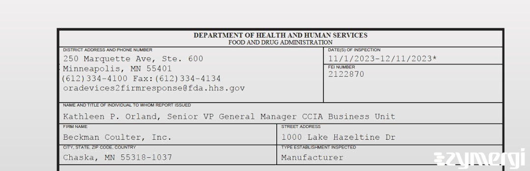 FDANews 483 Beckman Coulter, Inc. Dec 11 2023 top