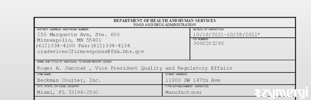 FDANews 483 Beckman Coulter, Inc. Oct 28 2021 top