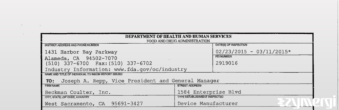 FDANews 483 Beckman Coulter, Inc. Mar 11 2015 top