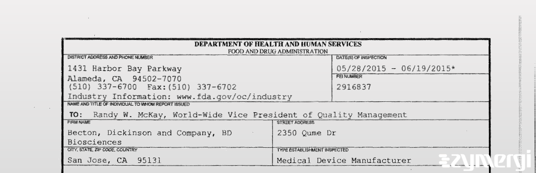 FDANews 483 Becton, Dickinson and Company, BD Biosciences Jun 19 2015 top