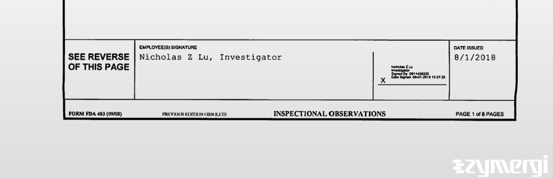 Nicholas Z. Lu FDA Investigator Michelle J. Glembin FDA Investigator Clifton L. Randell FDA Investigator Christopher D. Leach FDA Investigator Lisa T. Michel FDA Investigator 