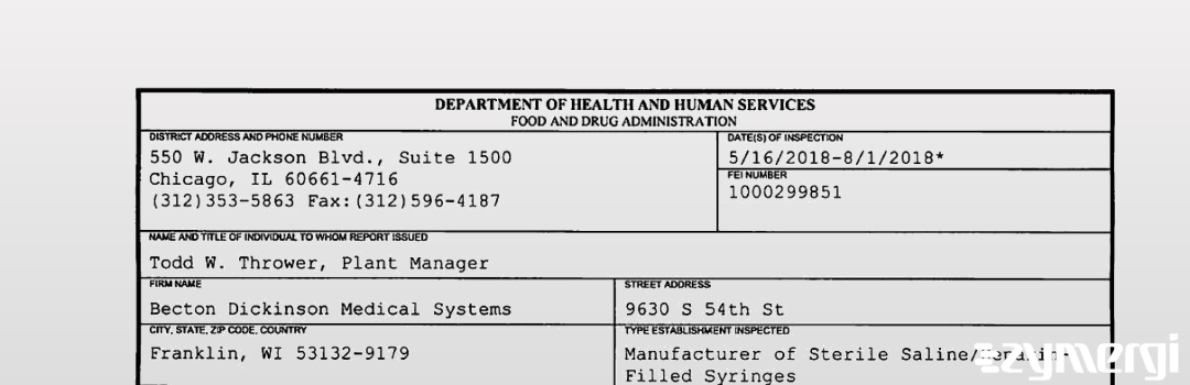 FDANews 483 Becton Dickinson Medical Systems Aug 1 2018 top