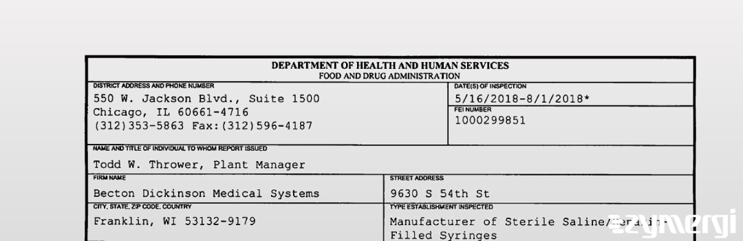 FDANews 483 Becton Dickinson Medical Systems Aug 1 2018 top