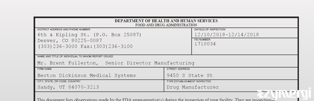 FDANews 483 Becton Dickinson Medical Systems Dec 14 2018 top