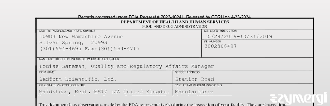 FDANews 483 Bedfont Scientific, Ltd. Oct 31 2019 top