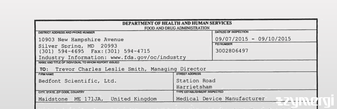 FDANews 483 Bedfont Scientific, Ltd. Sep 10 2015 top