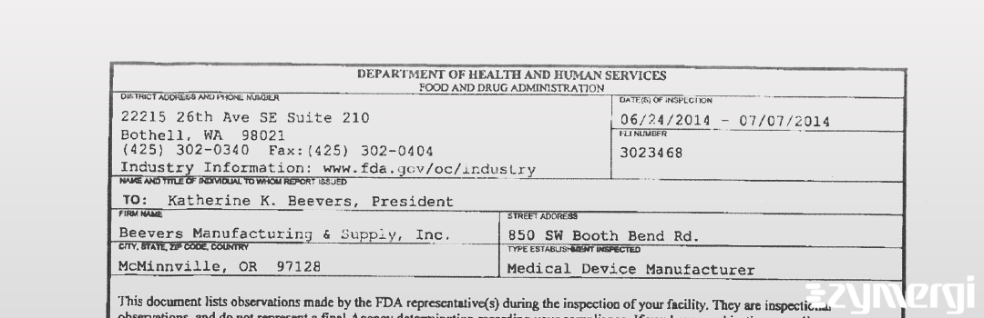 FDAzilla 483 Beevers Manufacturing & Supply, Inc. Jul 7 2014 top