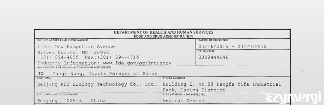 FDANews 483 Beijing KES Biology Technology Co., Ltd. Mar 20 2015 top