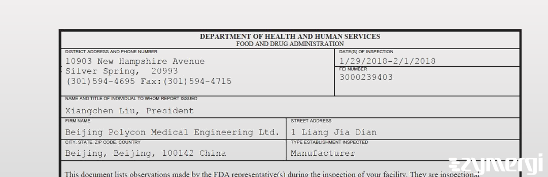 FDANews 483 Beijing Polycon Medical Engineering Ltd. Feb 1 2018 top