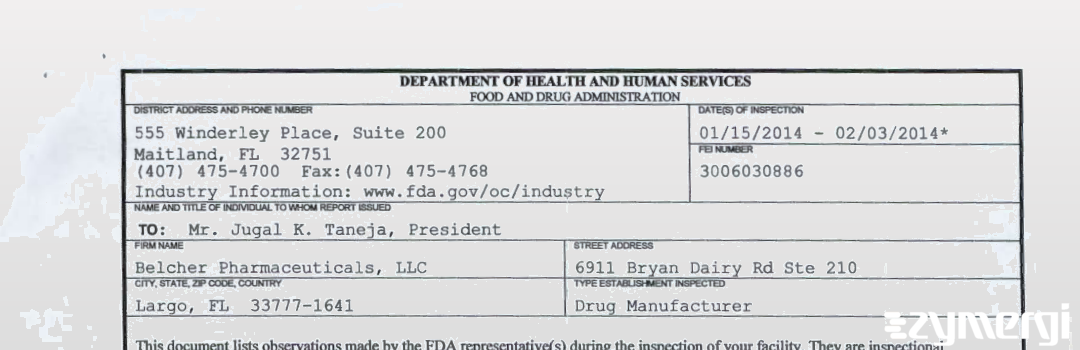 FDANews 483 Belcher Pharmaceuticals, LLC Feb 3 2014 top