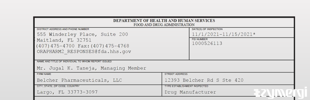 FDANews 483 Belcher Pharmaceuticals, LLC Nov 15 2021 top