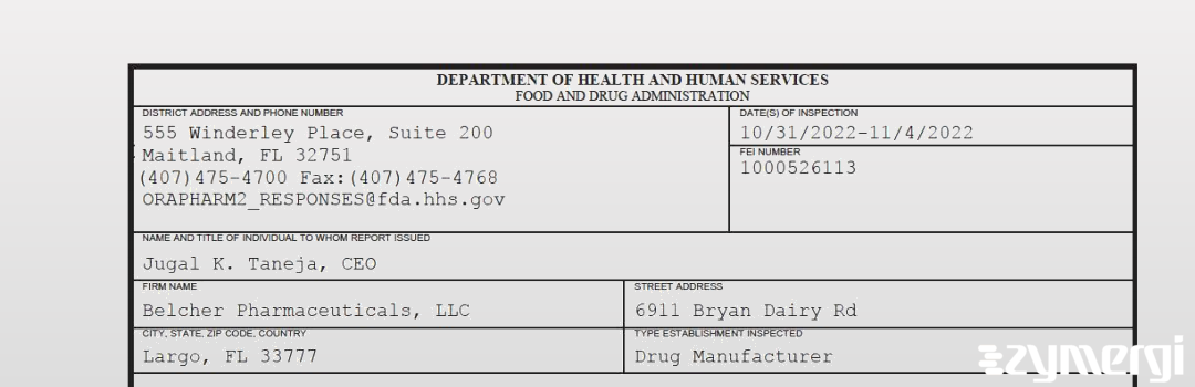 FDANews 483 Belcher Pharmaceuticals, LLC Nov 4 2022 top