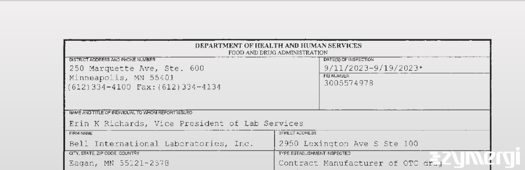FDANews 483 Bell International Laboratories, Inc. Sep 19 2023 top