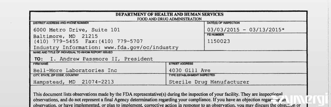 FDANews 483 Bell-More Laboratories Inc Mar 13 2015 top