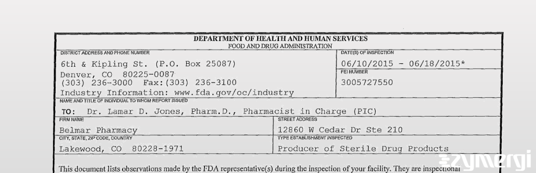 FDANews 483 Belmar Pharmacy Jun 18 2015 top