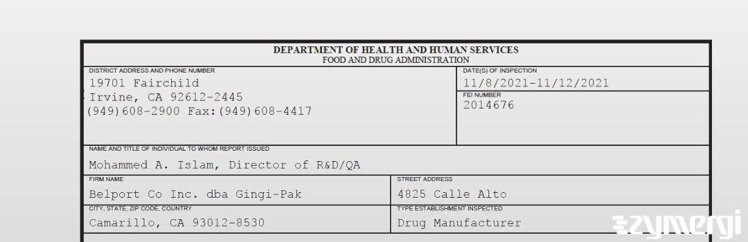 FDANews 483 Belport Co Inc. dba Gingi-Pak   Nov 12 2021 top