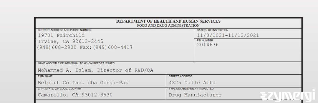 FDANews 483 Belport Co Inc. dba Gingi-Pak Nov 12 2021 top