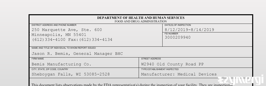 FDANews 483 Bemis Manufacturing Co. Aug 14 2019 top