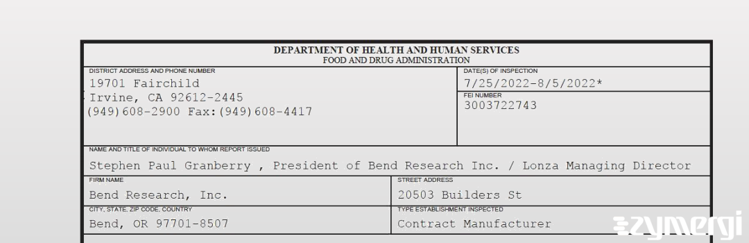 FDANews 483 Bend Research, Inc. Aug 5 2022 top