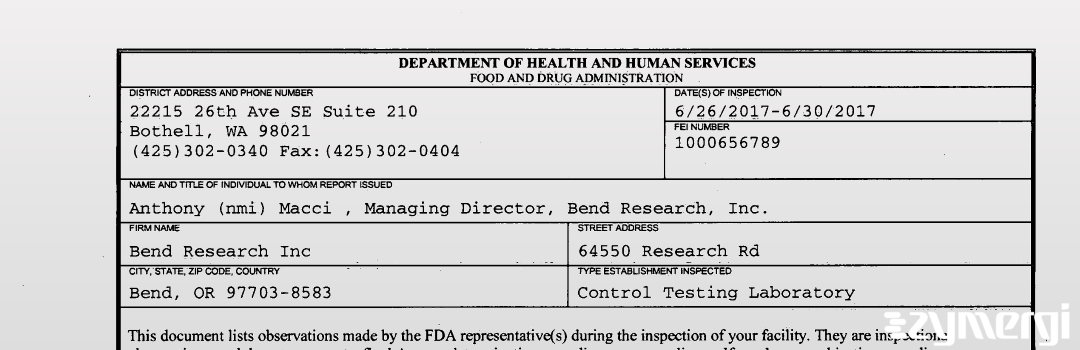 FDANews 483 Bend Research, Inc. Jun 30 2017 top