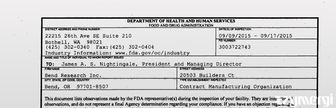 FDANews 483 Bend Research, Inc. Sep 17 2015 top