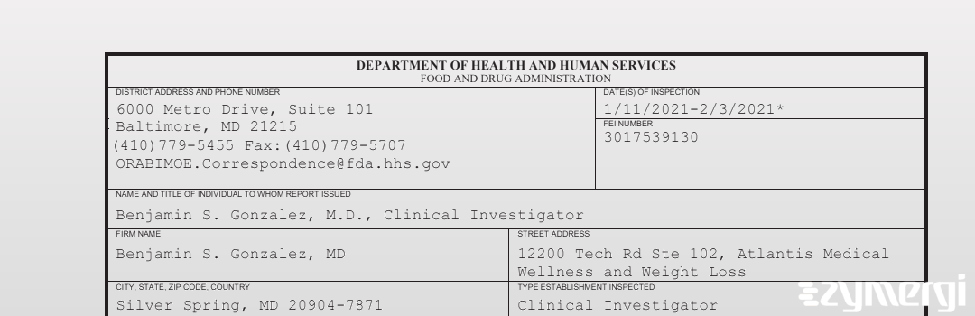 FDANews 483 Benjamin S. Gonzalez, MD Feb 3 2021 top