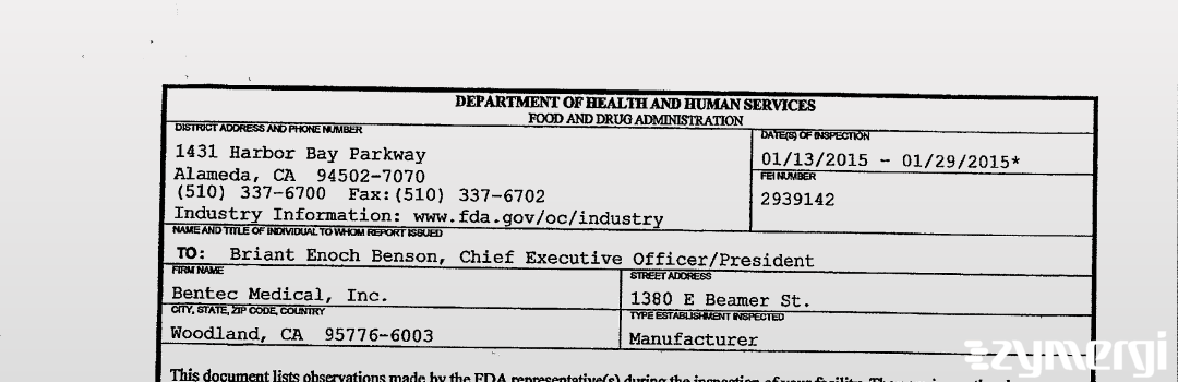 FDANews 483 Bentec Medical, Inc. Jan 29 2015 top