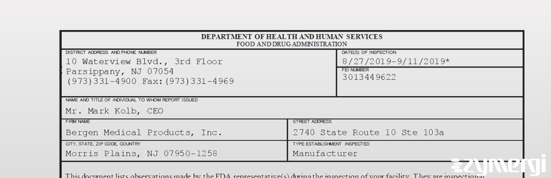 FDANews 483 Bergen Medical Products, Inc. Sep 11 2019 top