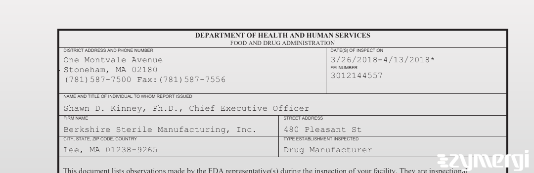 FDANews 483 Berkshire Sterile Manufacturing, Inc. Apr 13 2018 top