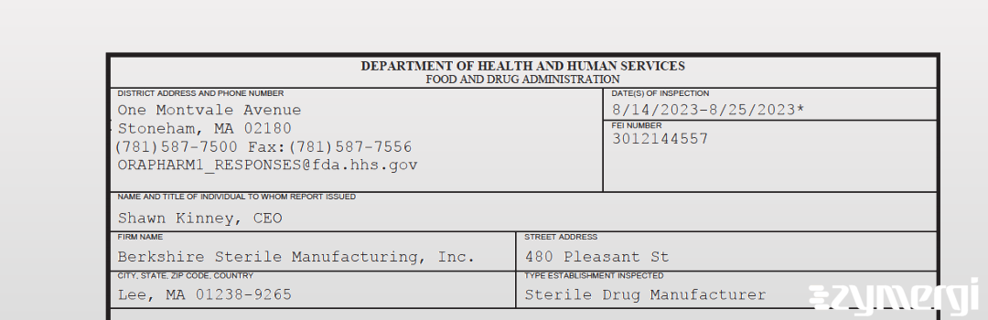 FDANews 483 Berkshire Sterile Manufacturing, LLC Aug 25 2023 top