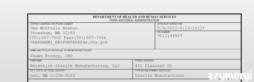 FDANews 483 Berkshire Sterile Manufacturing, LLC May 23 2022 top