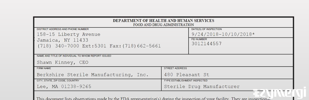 FDANews 483 Berkshire Sterile Manufacturing, Inc. Oct 10 2018 top