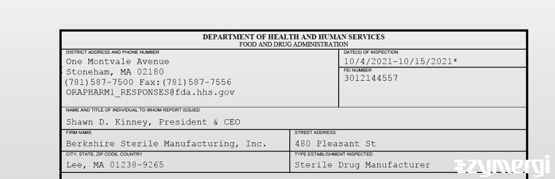 FDANews 483 Berkshire Sterile Manufacturing, Inc. Oct 15 2021 top