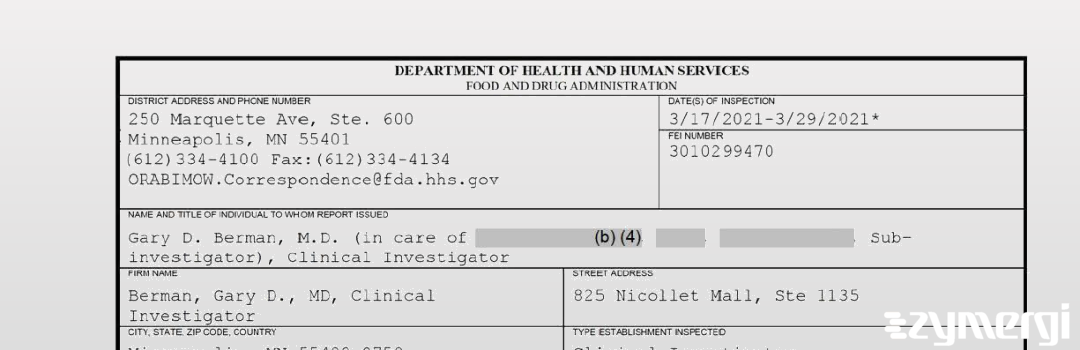 FDANews 483 Berman, Gary D., MD, Clinical Investigator Mar 29 2021 top