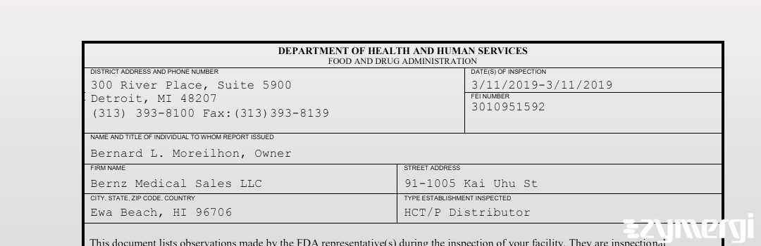 FDANews 483 Bernz Medical Sales LLC Mar 11 2019 top