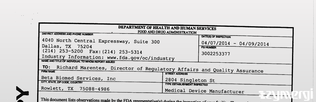 FDANews 483 Beta Biomed Services, Inc Apr 9 2014 top