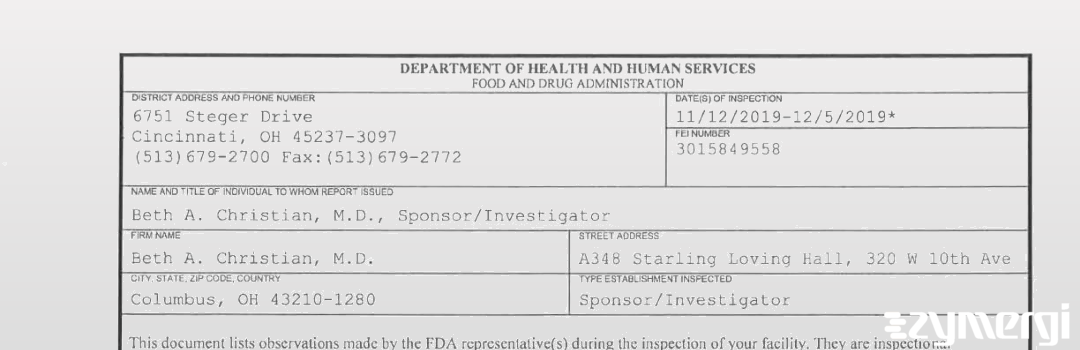 FDANews 483 Beth A. Christian, M.D. Dec 5 2019 top